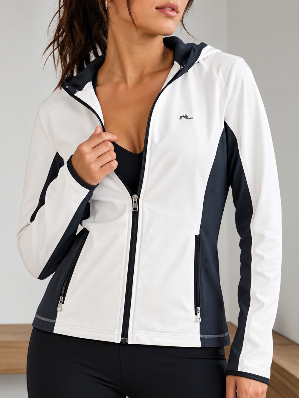 Ralph Lauren White and Gray Hooded Zip-Front Performance Jacket